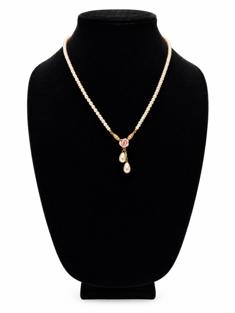 1928 Jewelry Gold Tone Simulated Pearl Porcelain Rose Y Drop Necklace